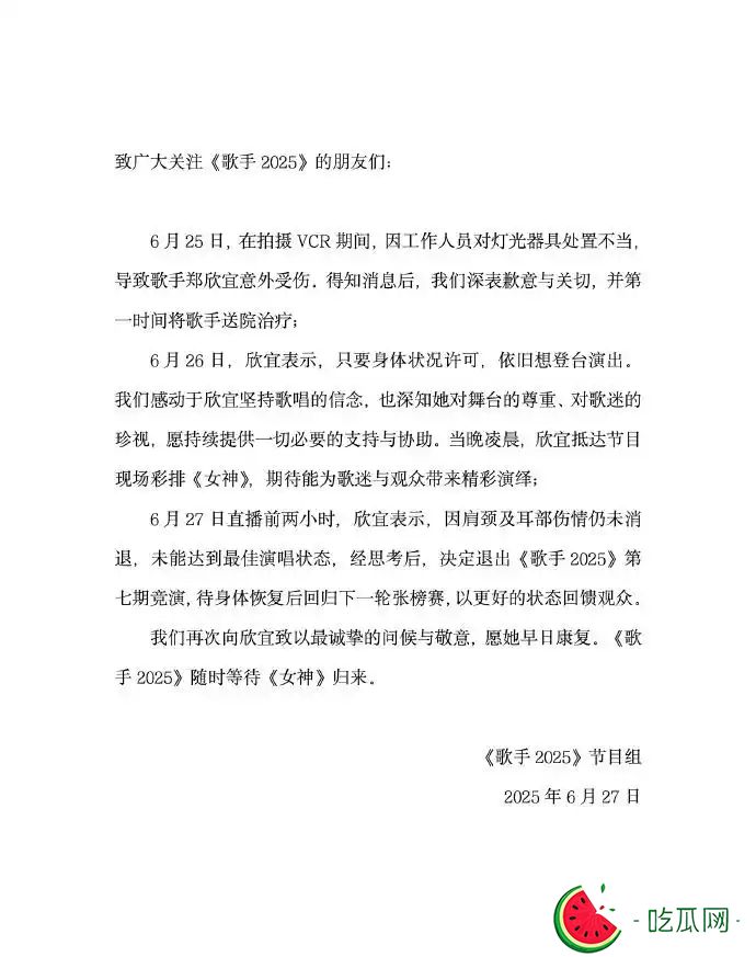 郑欣宜因受伤退出《歌手》本期竞演 