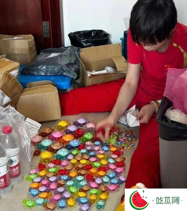 全红婵日前公开自己的收藏，见到她身穿国家队制服和黄色拖鞋，坐在地上排列大小不一、五颜六色的龟玩具。