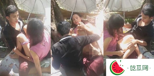缅甸情侣饥渴难耐户 在户外路边靠着树 用三把伞遮住 妹妹主动上位自己动